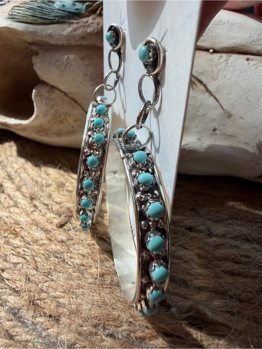 Joan Cheame Zuni handmade Hoop Earrings with Turquoise Accents